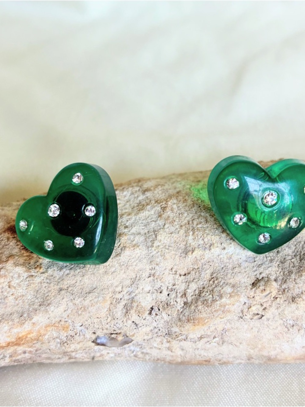 Green Heart Crystal Stud Earrings - Unbranded